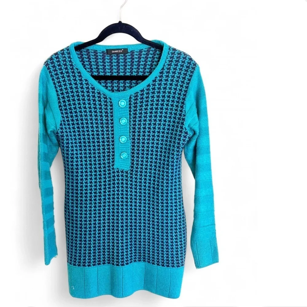 Vintage Teal Blue Henley Textured Geometric Knit Long Sleeve Tunic Sweater